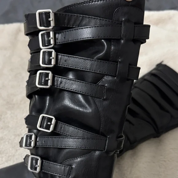 Gothic Black Buckle Strappy Monster Wedge Knee High Platform Boots - 9 - Picture 13 of 17